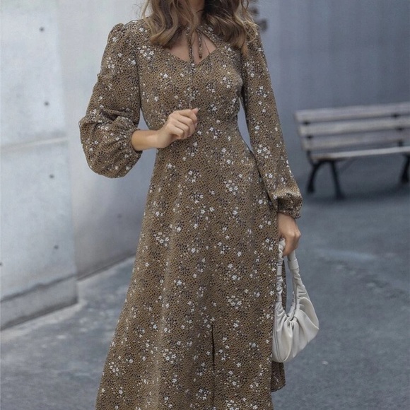 SHEIN Dresses & Skirts - 8 - Shein Tie neck midi dress w slit in animal print-small